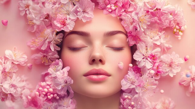 Ethereal woman among blossoms, radiating grace and creativity in a soft, dreamy light, perfect for artistic portraits.