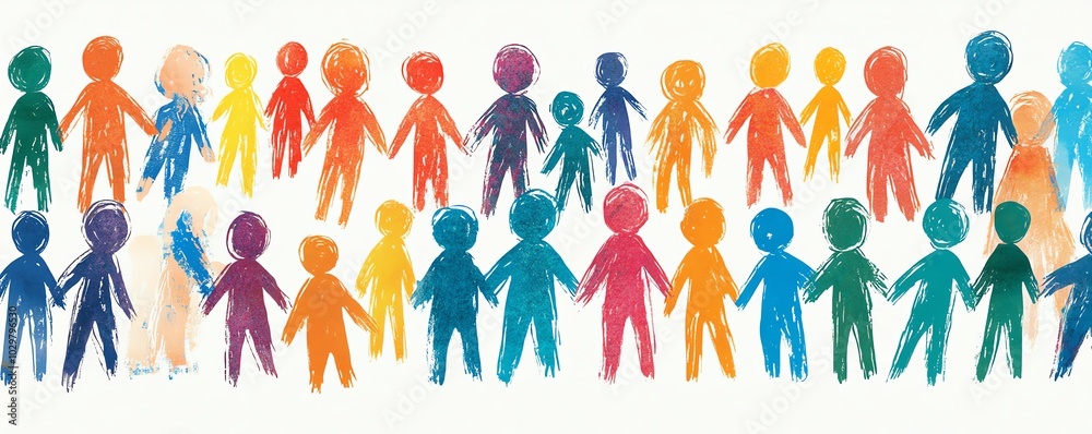 Aufkleber diverse crowd illustration featuring vibrant stick figures in various colors, unified in composition