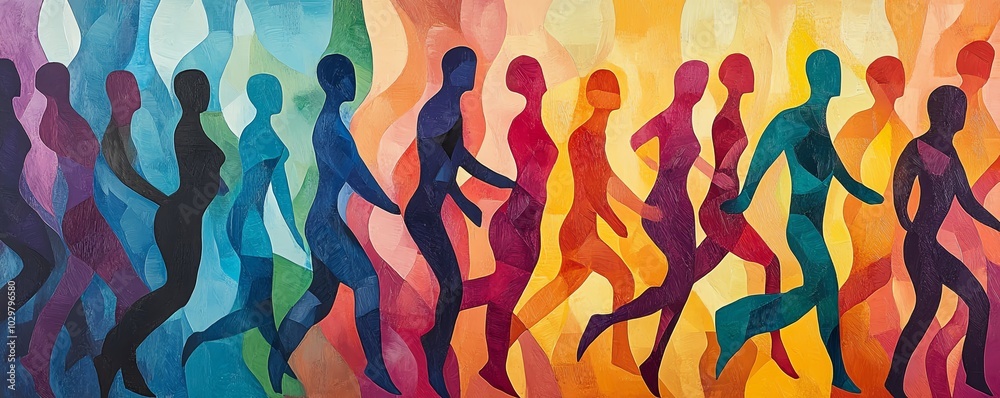 Poster Diverse crowd of stylized human figures in motion, overlapping and merging in an abstract representation of unity and community, featuring vibrant contrasting colors