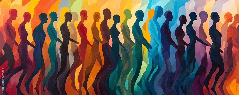 Poster Diverse crowd of stylized human figures in motion, overlapping and merging in an abstract representation of unity and community, featuring vibrant contrasting colors