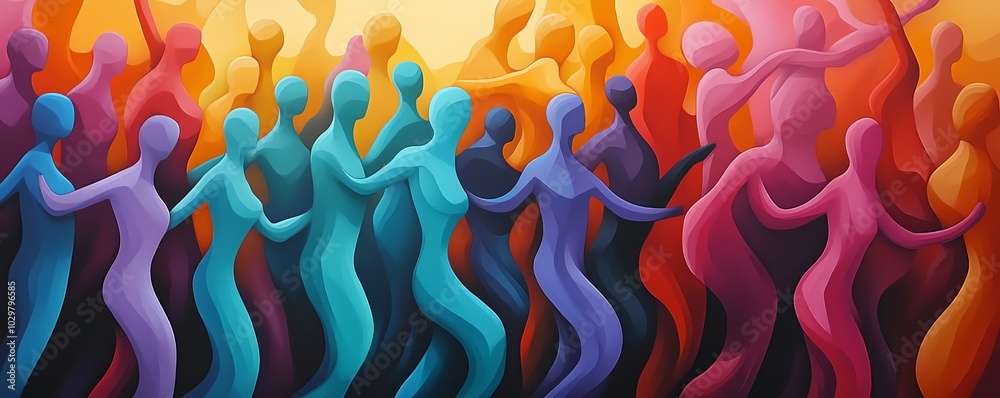 Poster Diverse crowd of stylized human figures in motion, overlapping and merging in an abstract representation of unity and community, featuring vibrant contrasting colors