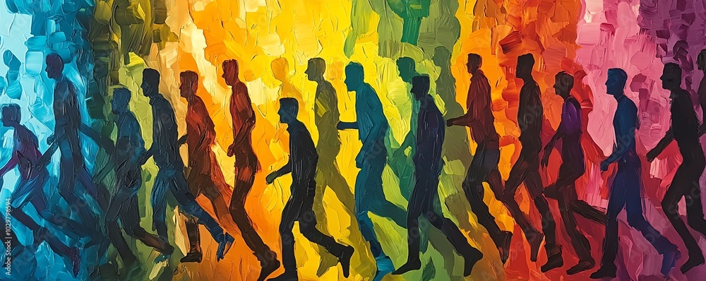 Poster Diverse crowd of stylized human figures in motion, overlapping and merging in an abstract representation of unity and community, featuring vibrant contrasting colors