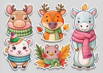 Cute Animal Stickers in Scarves for Autumn and Winter - Hippo, Flamingo, Fox, Deer Designs on Light Backdrop