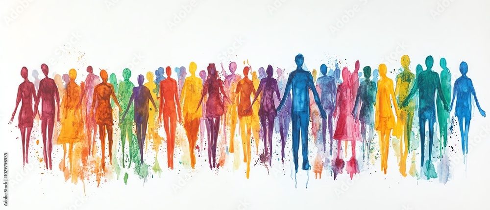 Poster Dynamic diverse crowd of colorful stick figures, illustrating unity and inclusion in a cohesive design on a clean white background