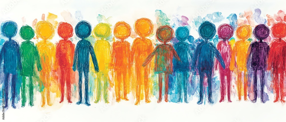 Poster Dynamic diverse crowd of colorful stick figures, illustrating unity and inclusion in a cohesive design on a clean white background