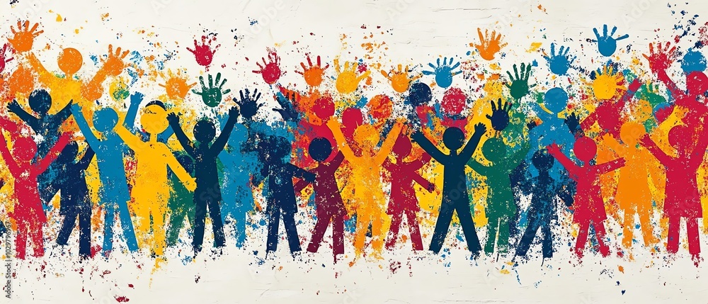 Poster dynamic diverse crowd of colorful stick figures, illustrating unity and inclusion in a cohesive desi