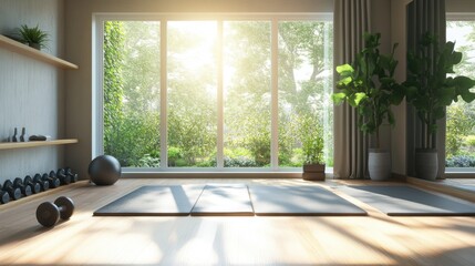 Fototapeta premium Bright and serene yoga studio with sunlight streaming through windows and green plants