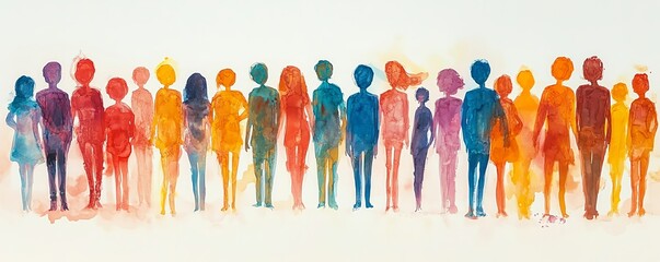 Illustration of a diverse crowd with colorful stick figures, unified in composition to represent inclusion on a simple, clean white background