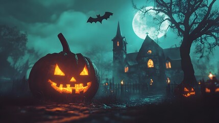 Fototapeta premium Pumpkin zombie Rising Out Of A Graveyard cemetery and church In Spooky scary dark Night full moon bats on tree. Holiday event halloween banner background concept