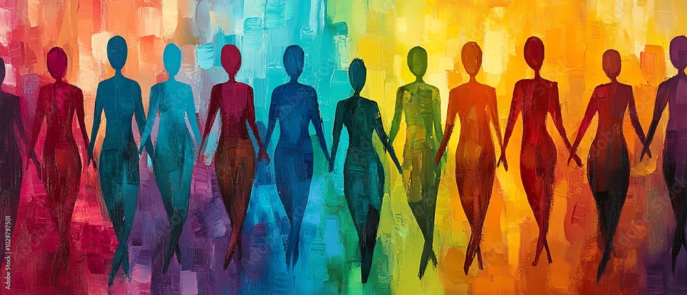 Poster Stylized human figures in motion creating an abstract crowd, overlapping and merging to symbolize unity and community in a palette of vibrant contrasting hues