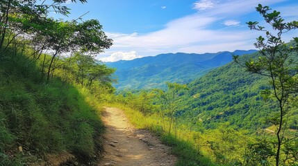 Scenic mountain trail surrounded by lush greenery and blue sky. Ideal for hiking and nature exploration