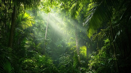 Fototapeta premium Lush Tropical Forest with Sunlight Beams
