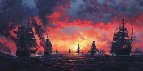 Fototapeta premium Ships sail at sunset in a fiery sky.