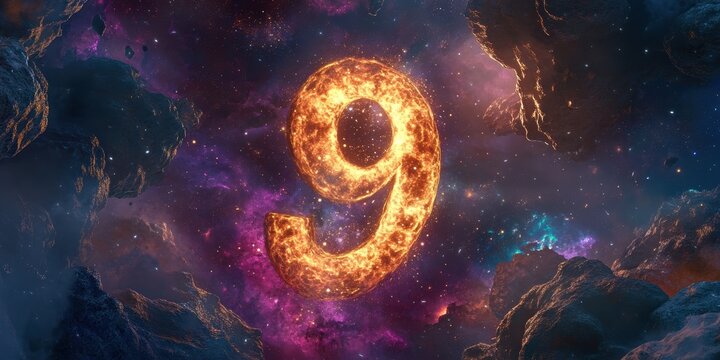 Flaming number nine in starry space.