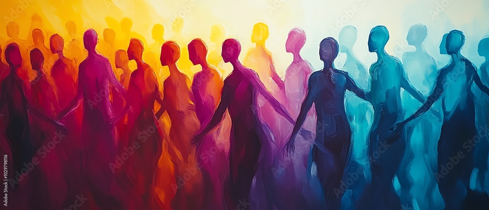 Poster Abstract crowd of diverse stylized figures in motion, merging and overlapping to create a representation of unity and community in bright, contrasting colors