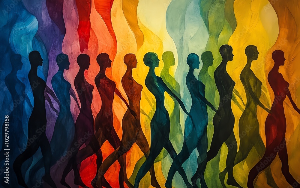 Leinwandbilder abstract representation of a diverse crowd with stylized human figures in motion, merging and overla