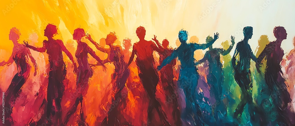 Aufkleber Abstract crowd of diverse stylized figures in motion, merging and overlapping to create a representation of unity and community in bright, contrasting colors