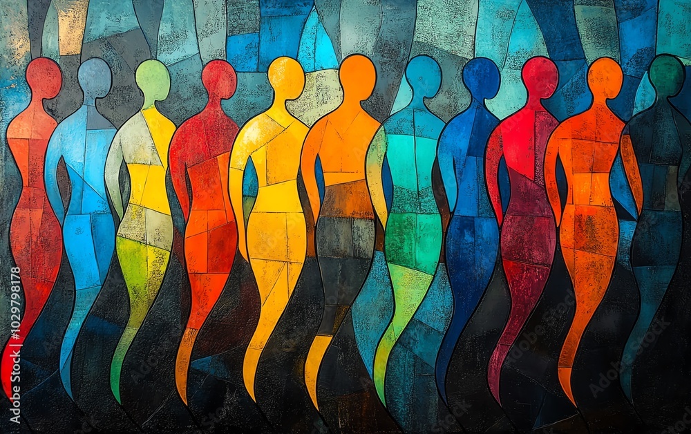 Poster Abstract representation of a diverse crowd with stylized human figures in motion, merging and overlapping to symbolize unity and community in bold colors