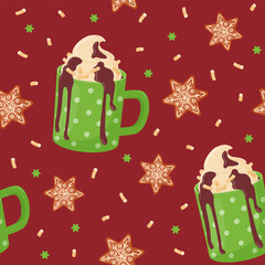 Seamless pattern. Cocoa with whipped cream, hot chocolate and marshmallows. Gingerbread. Cozy drink.