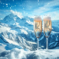 Glasses of champagne on the background of snow-capped mountains