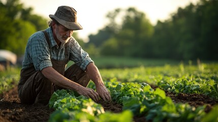 A candid shot of a farmer using organic methods in a field, focusing on sustainable agriculture practices.