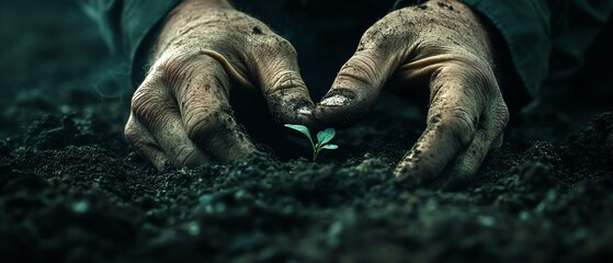 Intimate closeup of a farmers hands planting a seedling in dark soil, bathed in soft natural light, symbolizing hope and a deep connection to sustainable agriculture
