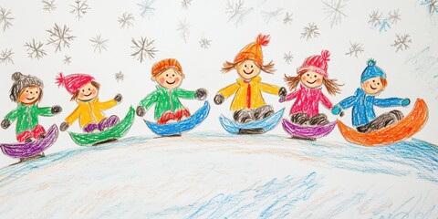 Six kids sledding in the snow.