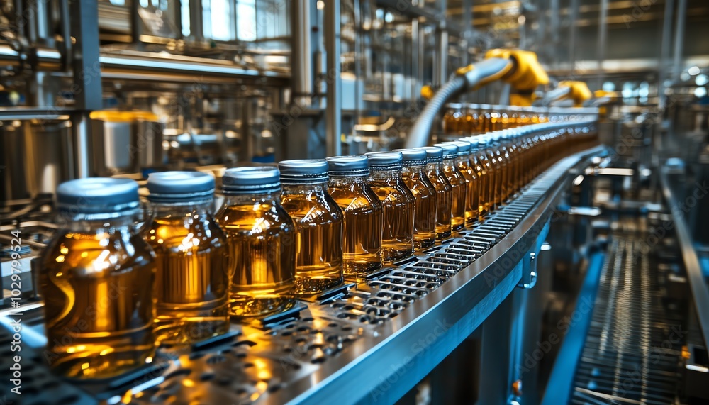 Aufkleber gleaming stainless steel machinery in an automated beverage production line, showcasing precise robo