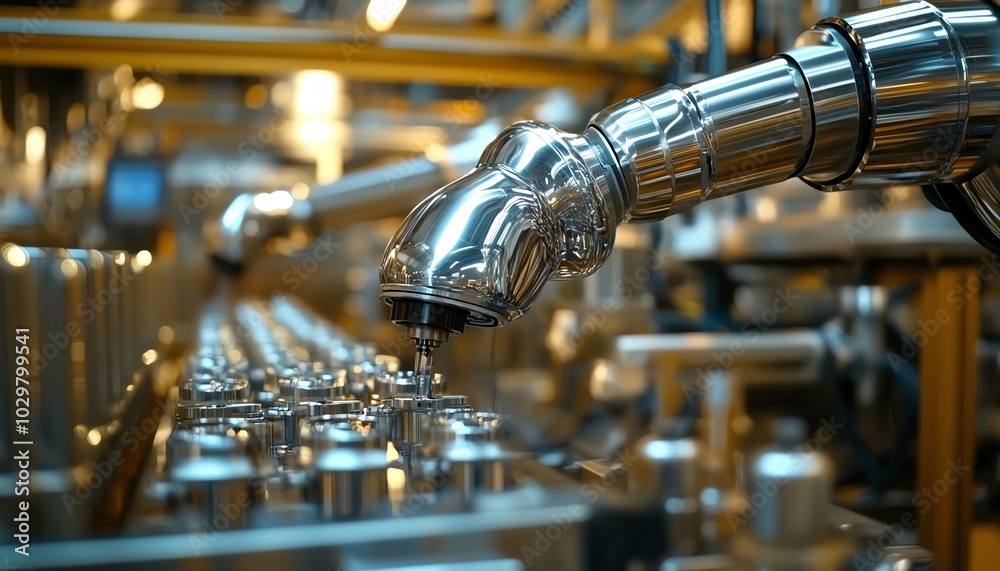 Poster gleaming stainless steel machinery in an automated beverage production line, showcasing precise robo