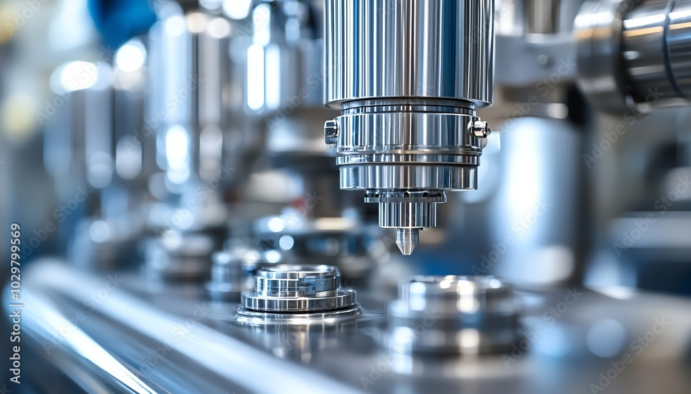 Poster gleaming stainless steel machinery in an automated beverage production line, showcasing precise robo