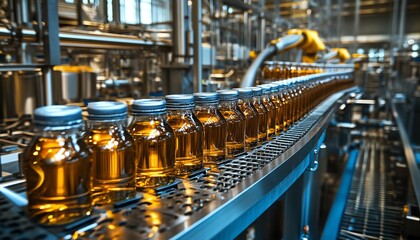 Naklejka premium Gleaming stainless steel machinery in an automated beverage production line, showcasing precise robotic arms and high industrial efficiency in action
