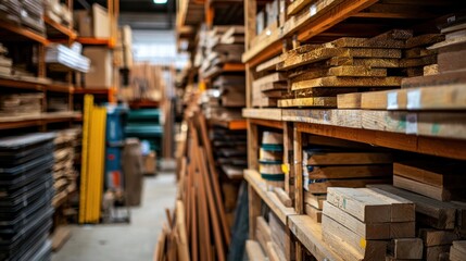 Neatly organized shelves in a construction material storage area.