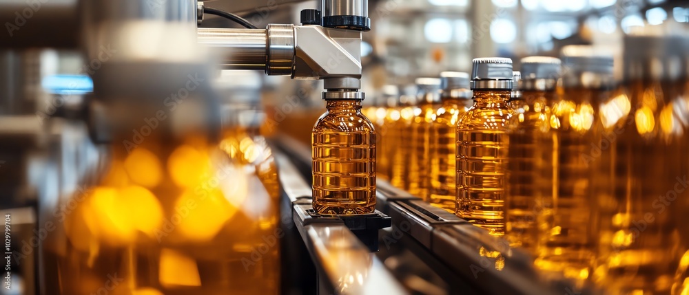 Poster industrial beverage production scene with a hightech bottling line, showcasing gleaming stainless st