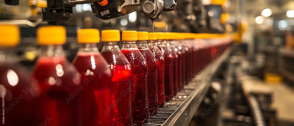 Poster Industrial efficiency in beverage production highlighted by a hightech bottling line, featuring stainless steel machinery and precise robotic arms in operation