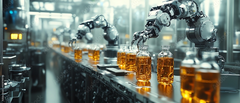 Poster Industrial efficiency in beverage production highlighted by a hightech bottling line, featuring stainless steel machinery and precise robotic arms in operation