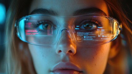 A close-up of a person face, with augmented reality glasses overlaying digital information onto their view, merging reality with technology.