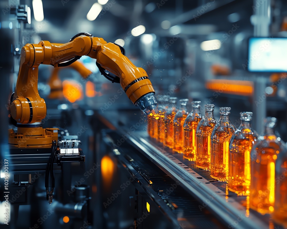 Poster closeup of an automated beverage production line, featuring advanced stainless steel machinery and p