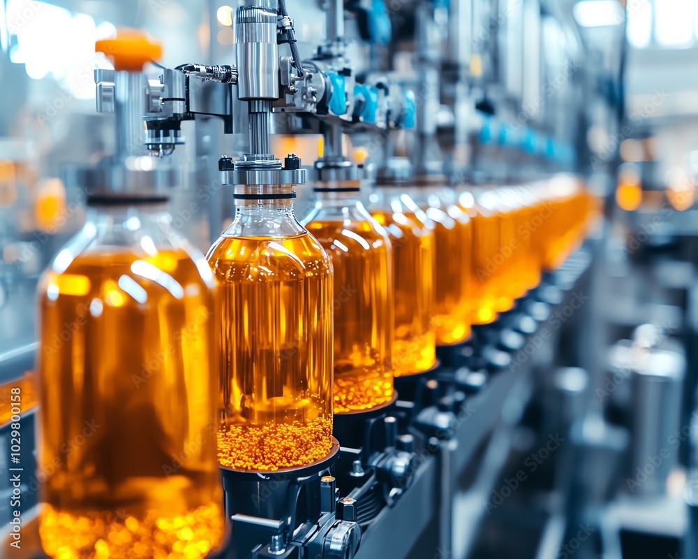 Poster closeup of an automated beverage production line, featuring advanced stainless steel machinery and p