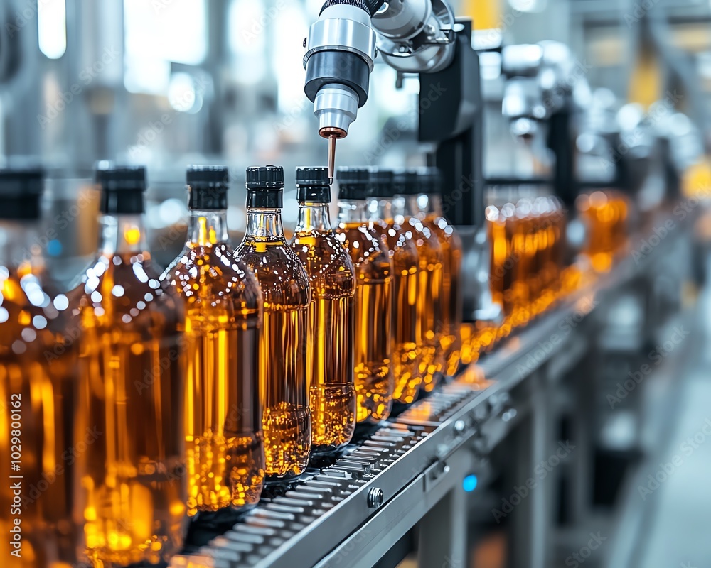 Poster closeup of an automated beverage production line, featuring advanced stainless steel machinery and p