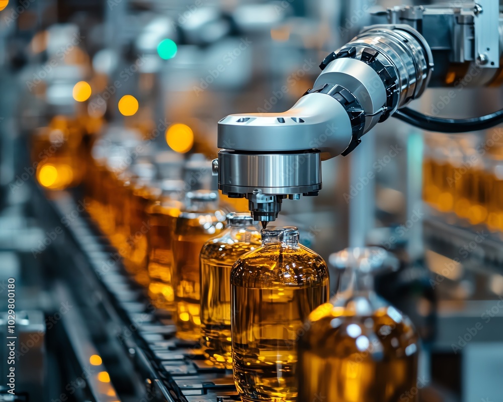 Poster closeup of an automated beverage production line, featuring advanced stainless steel machinery and p