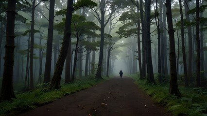 Fototapeta premium A solitary figure walks along a path through a misty forest, the tall trees creating a sense of mystery and solitude.