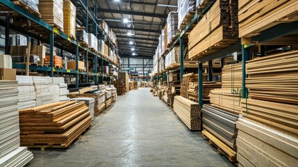 A warehouse filled with various construction materials, from wood to steel beams.