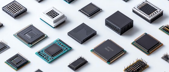 A collection of modern microprocessors isometrically displayed, highlighting capacitors, semiconductors, and chips on a pristine white background