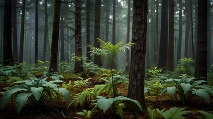 A single fern grows in the center of a dense forest, surrounded by other ferns and tall trees. The forest floor is covered in fallen leaves, and the air is thick with mist.