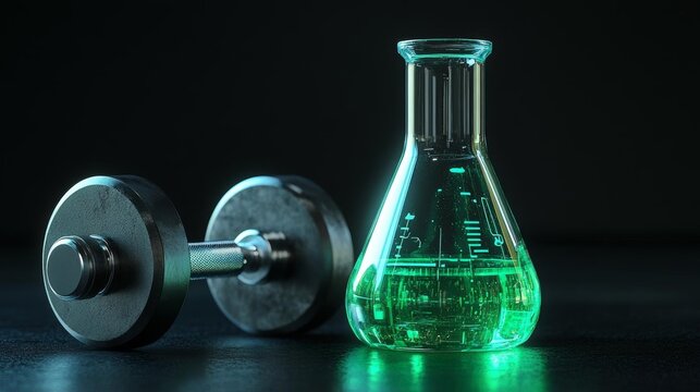 Flask with green liquid and dumbbell