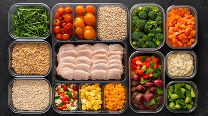 Healthy meal prep with various ingredients in containers including chicken, vegetables, and grains