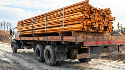 Fototapeta premium A flatbed truck loaded with building materials such as lumber, pipes, and beams.