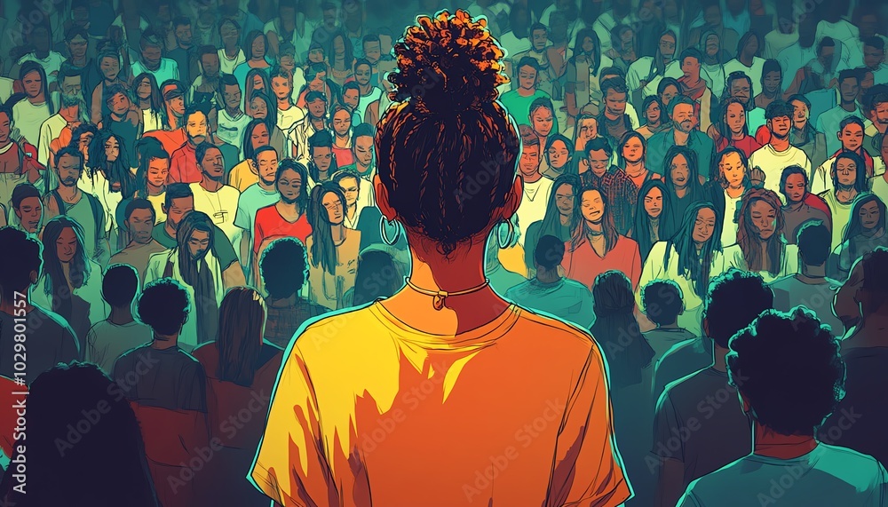 Poster cartoon back view of an animated leader guiding a diverse crowd of men and women, standing in unity