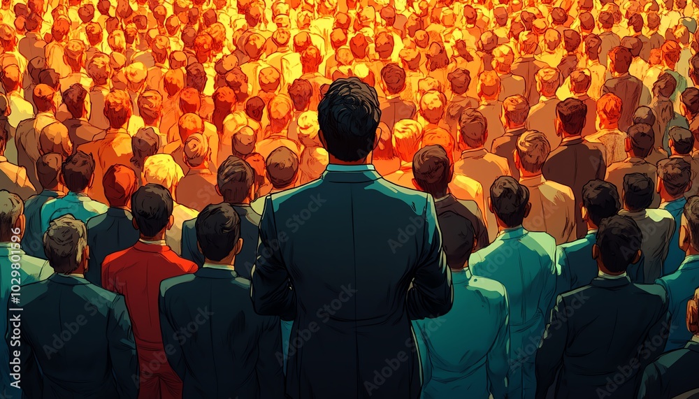 Poster cartoon back view of an animated leader guiding a diverse crowd of men and women, standing in unity