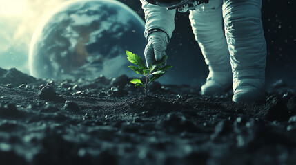Astronaut planting a small green plant on the surface of the moon with Earth in the background, symbolizing growth and hope in space exploration.